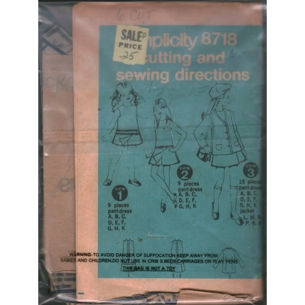 Vintage Simplicity 8718 Girls Pantdress and Jacket Sewing Pattern Size 6 Cut